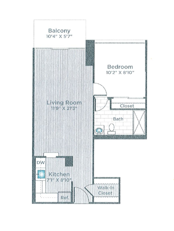 Floor plan for 1 bed, 1 bath, 670 sqft